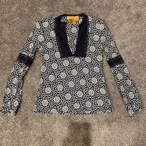 Tory Burch Navy and White Lace-Trim Long-Sleeve Women's Top Size 4 100% cotton